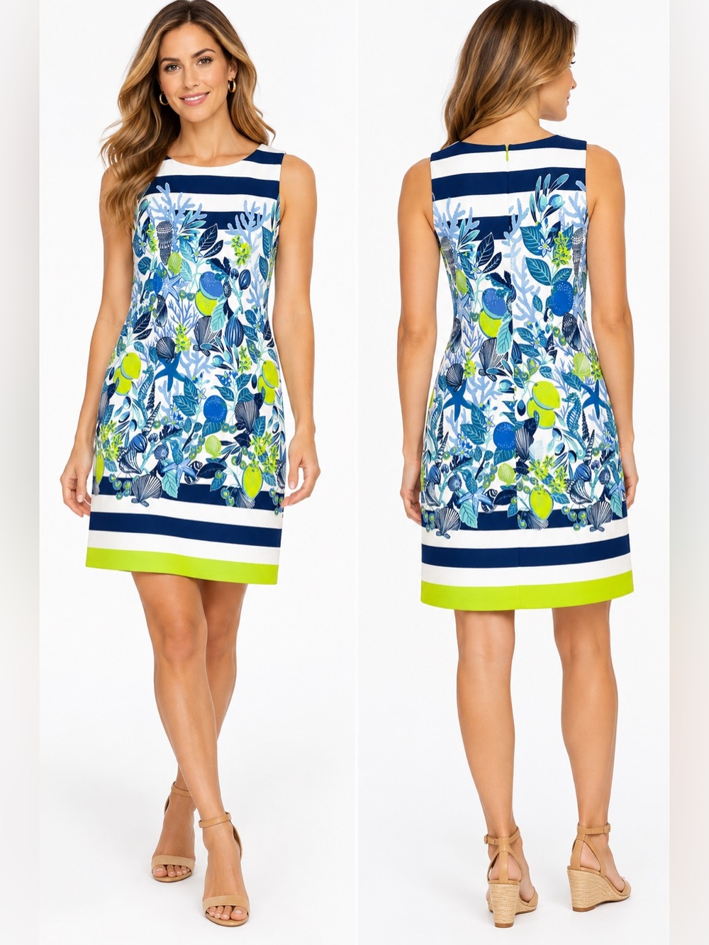 Eliza J Size 10 Coastal Seashell Lemon Print Shift Dress Blue Green